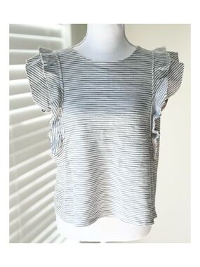 Anthropologie Gray & White Striped Ruffle Sleeve Tank